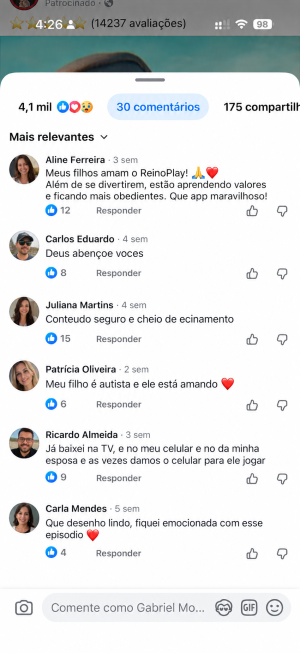 Comentários de mães e pais sobre o ReinoPlay