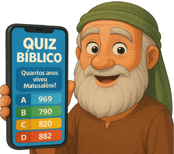 Personagem bíblico com um quiz na tela do celular
